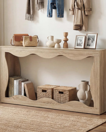 Giantex 63" Farmhouse Console Table 2-Tier Wavy Entryway Table with Built-in Storage Space