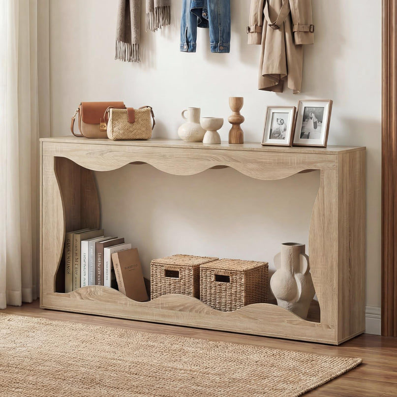Giantex 63" Farmhouse Console Table 2-Tier Wavy Entryway Table with Built-in Storage Space