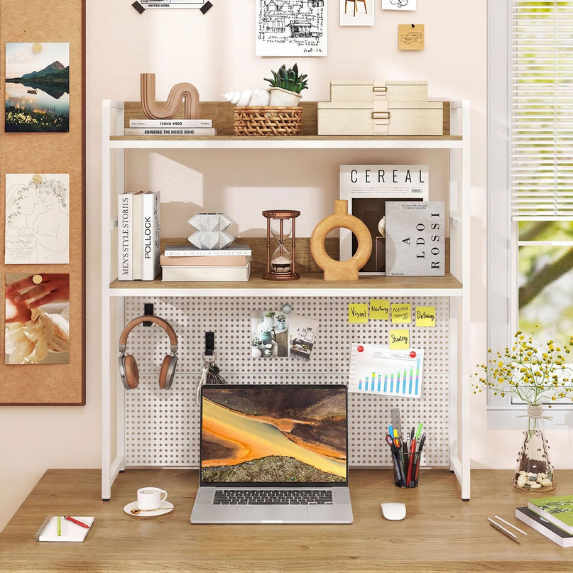 Giantex 2-Tier Desk Hutch Dorm with Pegboard for up to 32" Computer Monitor
