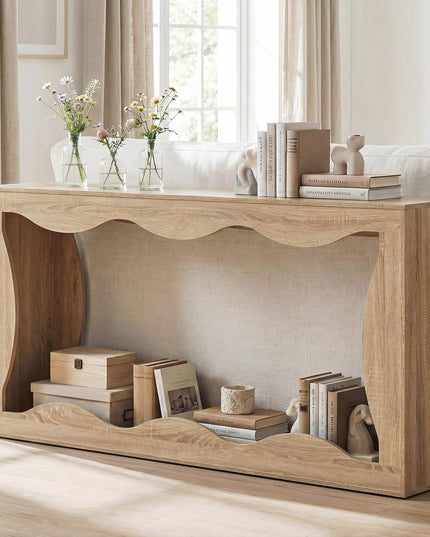 Giantex 63" Farmhouse Console Table 2-Tier Wavy Entryway Table with Built-in Storage Space
