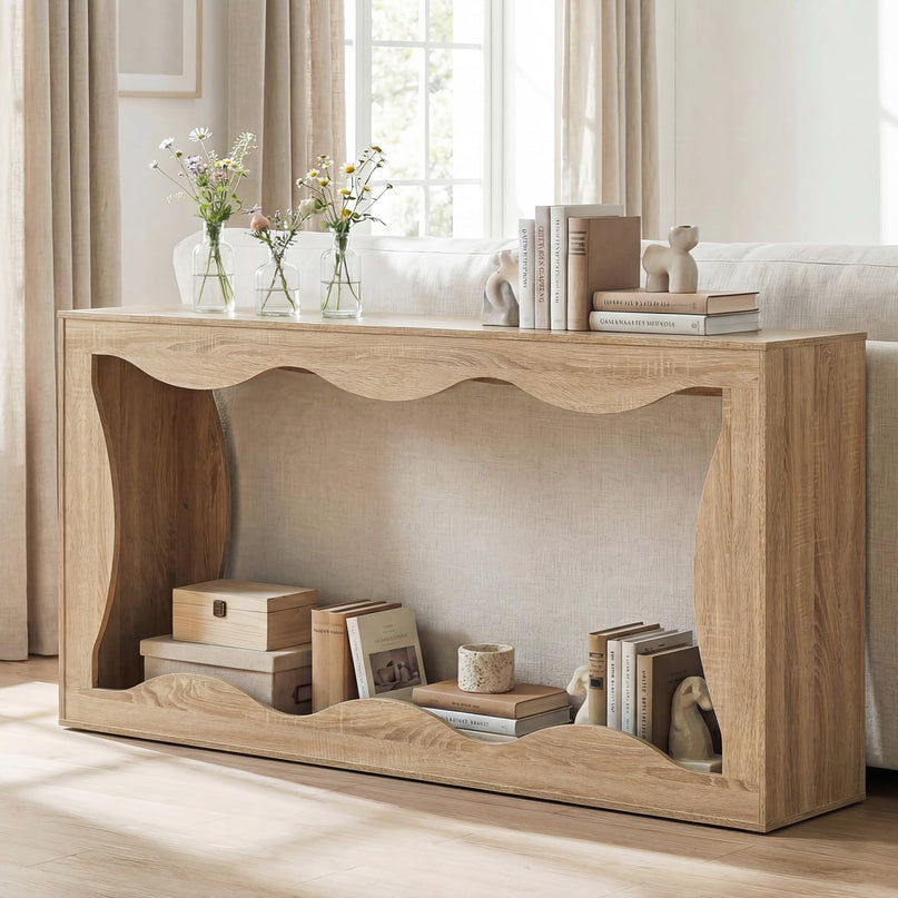 Giantex 63" Farmhouse Console Table 2-Tier Wavy Entryway Table with Built-in Storage Space
