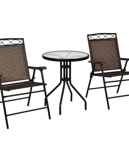 Giantex Patio Dining Set Round Glass Table with 2 Patio Folding Chairs(Brown)
