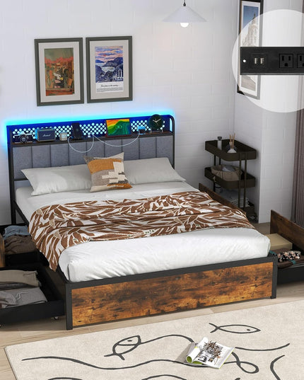 Giantex LED Bed Frame with Charging Station, Metal Platform Bed with Upholstered Headboard & 4 Storage Drawers