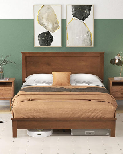 Giantex Wood Platform Bed Frame with Headboard, Mid Century Bed Frame with Solid Wood Legs & Wooden Slat Support