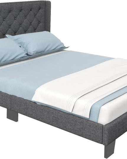 Giantex Bed Frame with Button Tufted Headboard, Modern Fabric Upholstered Platform Bed with Wingback Design, Grey