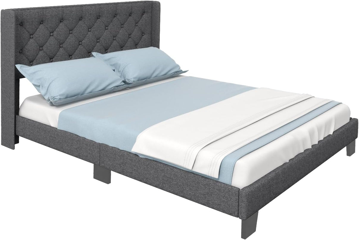 Giantex Bed Frame with Button Tufted Headboard, Modern Fabric Upholstered Platform Bed with Wingback Design, Grey