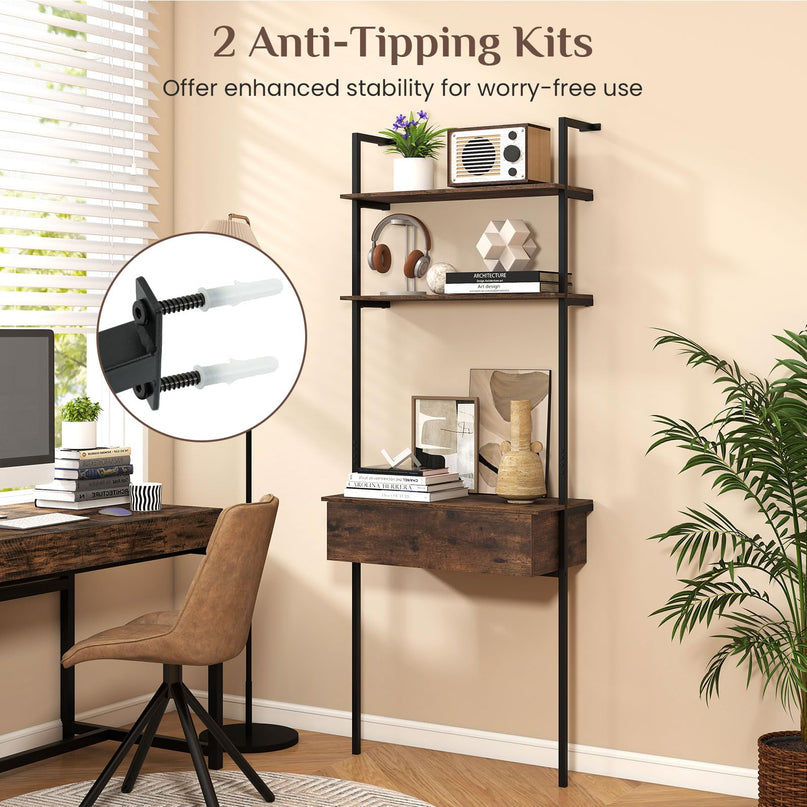 Giantex 4-Tier Ladder Bookshelf with Wall Mounted Storage Shelf for Living Room