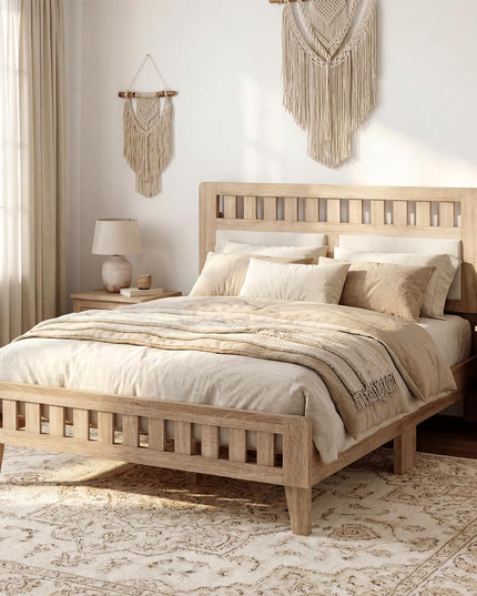 Giantex Wood Twin/Full/Queen Size Bed Frame with Upholstered Headboard Mid-Century Platform Bed