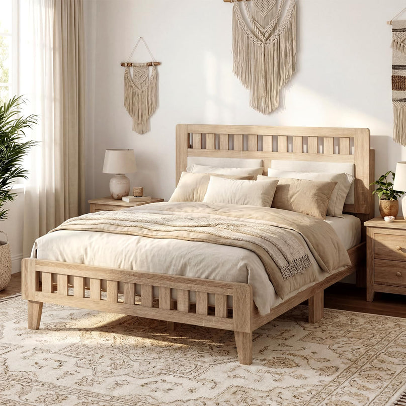 Giantex Wood Twin/Full/Queen Size Bed Frame with Upholstered Headboard Mid-Century Platform Bed