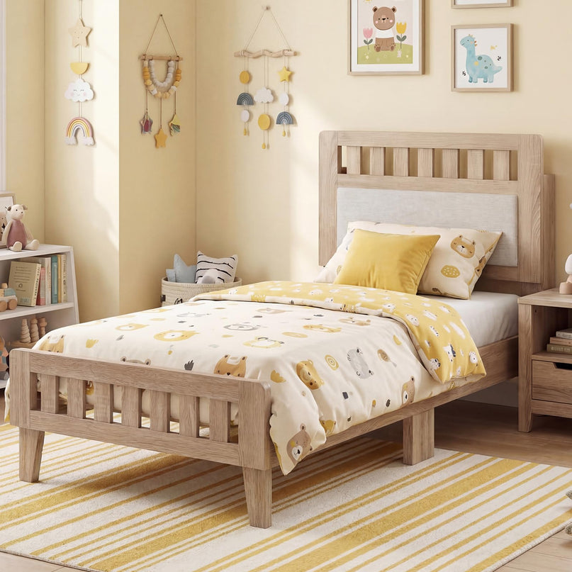 Giantex Wood Twin/Full/Queen Size Bed Frame with Upholstered Headboard Mid-Century Platform Bed