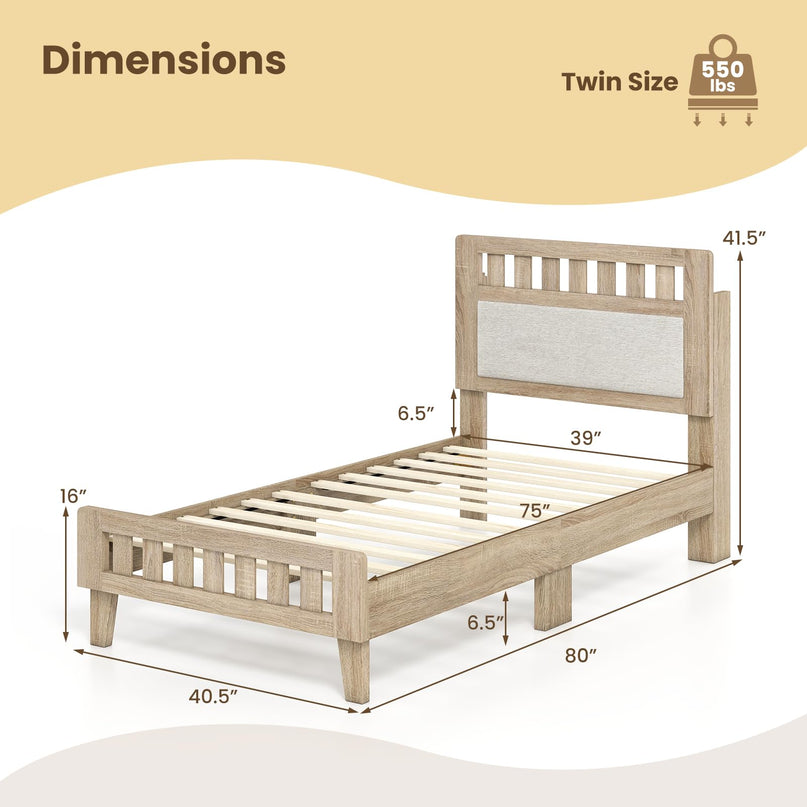 Giantex Wood Twin/Full/Queen Size Bed Frame with Upholstered Headboard Mid-Century Platform Bed