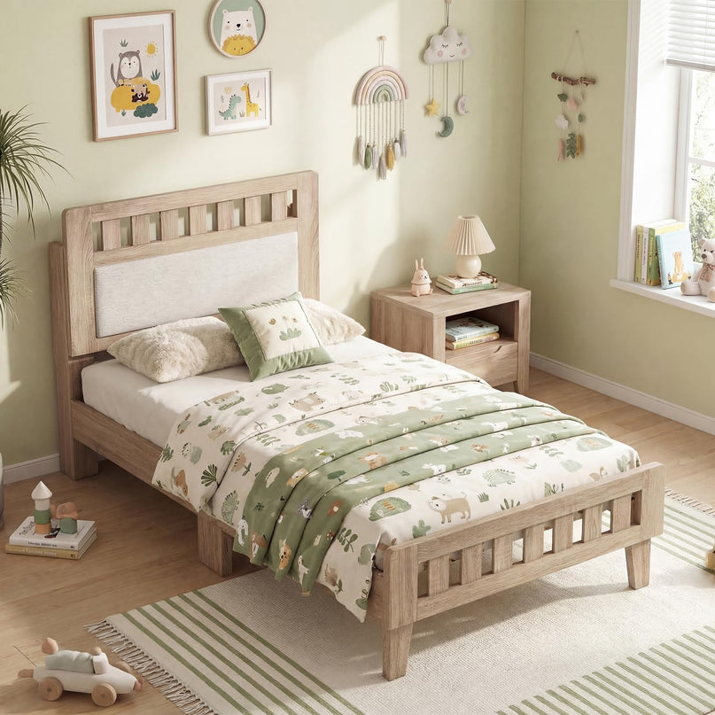Giantex Wood Twin/Full/Queen Size Bed Frame with Upholstered Headboard Mid-Century Platform Bed