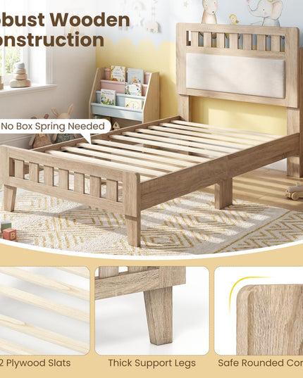 Giantex Wood Twin/Full/Queen Size Bed Frame with Upholstered Headboard Mid-Century Platform Bed