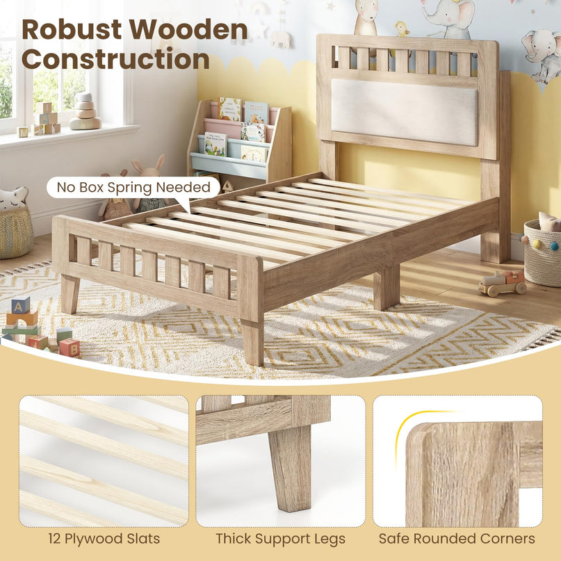 Giantex Wood Twin/Full/Queen Size Bed Frame with Upholstered Headboard Mid-Century Platform Bed