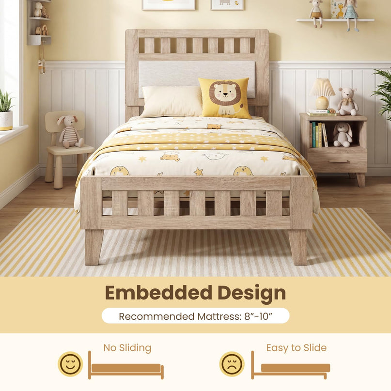 Giantex Wood Twin/Full/Queen Size Bed Frame with Upholstered Headboard Mid-Century Platform Bed