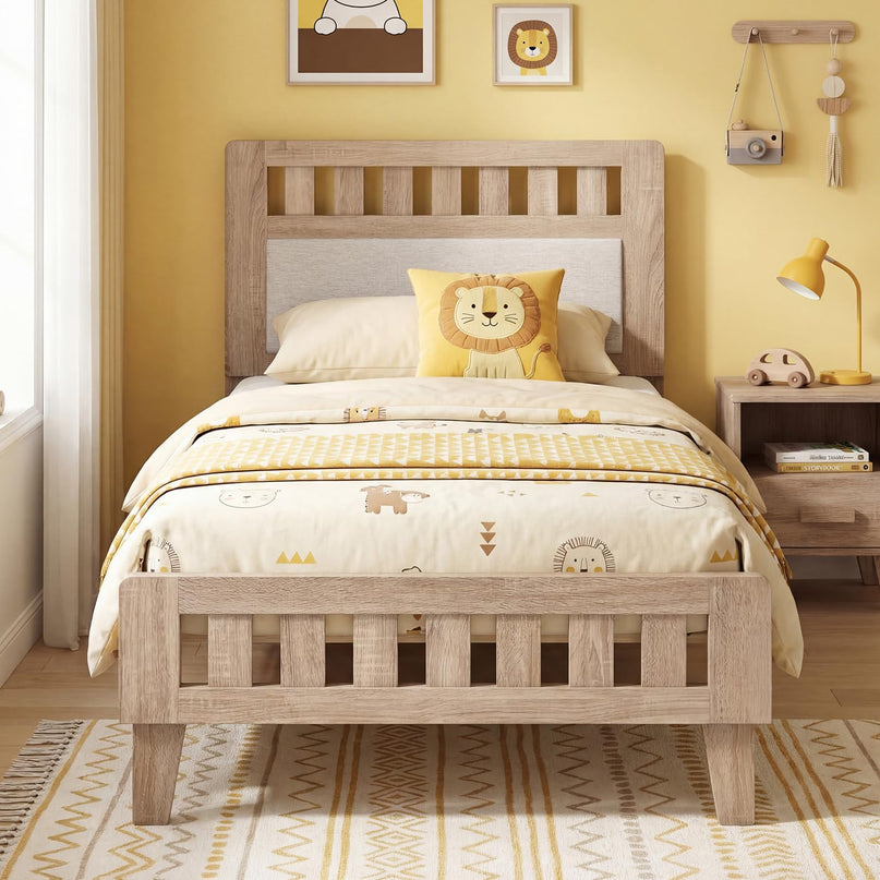 Giantex Wood Twin/Full/Queen Size Bed Frame with Upholstered Headboard Mid-Century Platform Bed