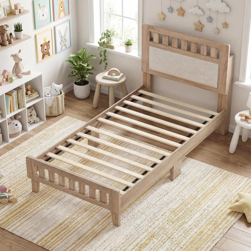 Giantex Wood Twin/Full/Queen Size Bed Frame with Upholstered Headboard Mid-Century Platform Bed