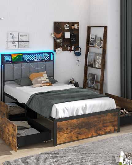 Giantex LED Bed Frame with Charging Station, Metal Platform Bed with Upholstered Headboard & 4 Storage Drawers