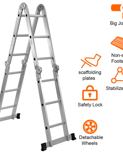 7 in 1 Folding Extension Ladders,Extendable Scaffold Aluminum Step Ladder 330LB (12.5 Ft) - Giantexus