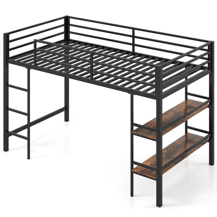 Giantex Heavy Duty Metal Frame Low Loft Bed Twin Size w/Ladder & Full-Length Guardrails