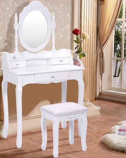Vanity Table Set with Mirror and Stool for Bedroom 3 Drawers (White) - Giantexus