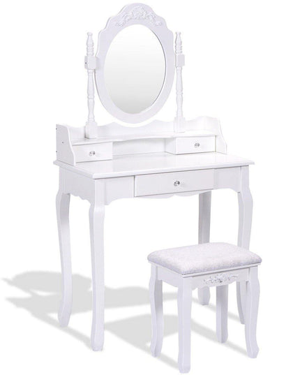 Vanity Table Set with Mirror and Stool for Bedroom 3 Drawers (White) - Giantexus