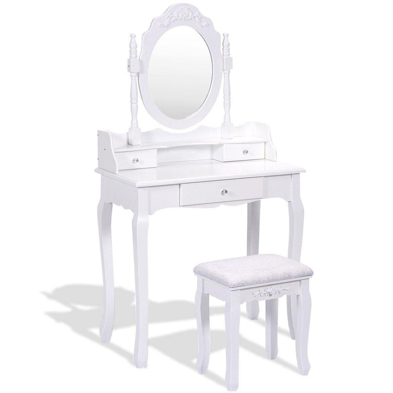 Vanity Table Set with Mirror and Stool for Bedroom 3 Drawers (White) - Giantexus