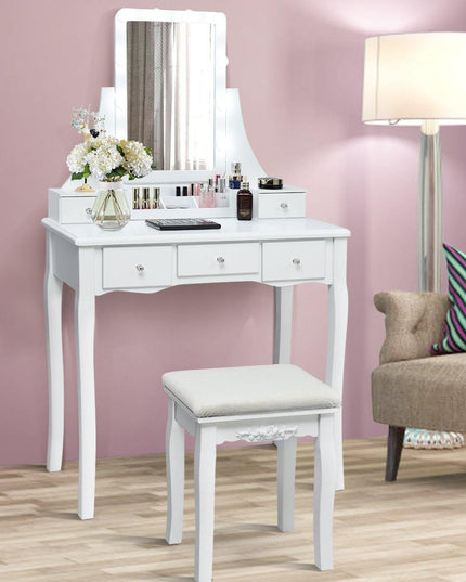 Vanity Set with Lighted Mirror, 10 Dimmable Light Bulbs Vanity Dressing Table, 5 Drawer with 2 Dividers Removable Organizer - Giantexus