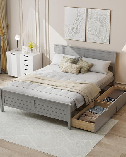 Giantex Wood Full Size Bed Frame with 2 Storage Drawers, Solid Wood Platform Bed with Headboard