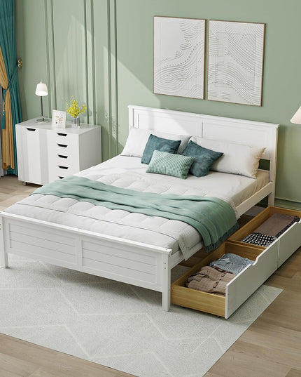 Giantex Wood Full Size Bed Frame with 2 Storage Drawers, Solid Wood Platform Bed with Headboard