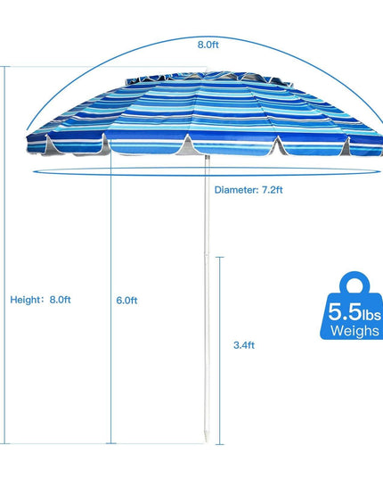 8 Ft Beach Umbrella, Patio Sunshade Umbrella with Sand Anchor & Tilt Mechanism, 16 Fiberglass Ribs - Giantexus