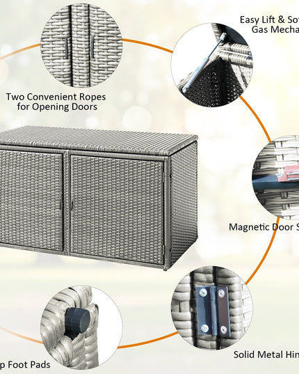 Rattan Deck Box Outdoor&Indoor 88 Gallon Wicker Storage Bench W/Separate Storage Shelf