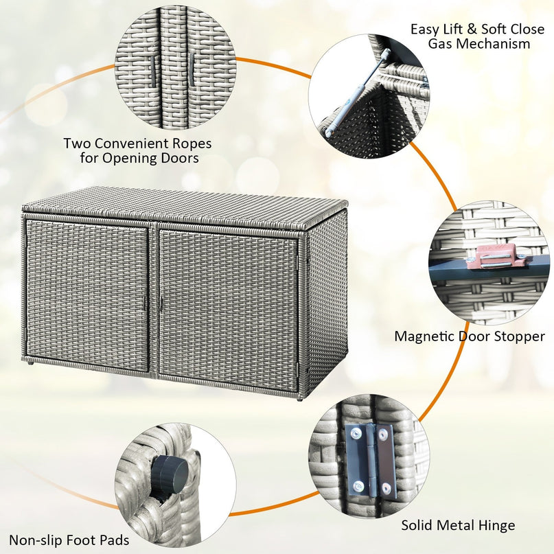 Rattan Deck Box Outdoor&Indoor 88 Gallon Wicker Storage Bench W/Separate Storage Shelf