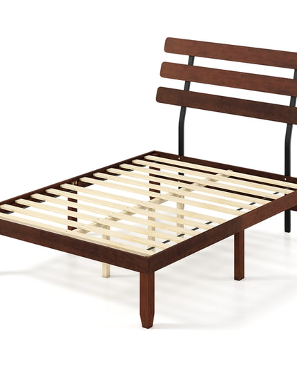 Giantex Mid-Century Modern Solid Wood Platform Bed with Wooden Slats Support & Retro Headboard