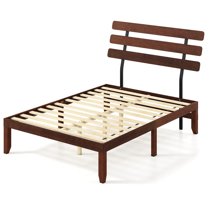 Giantex Mid-Century Modern Solid Wood Platform Bed with Wooden Slats Support & Retro Headboard