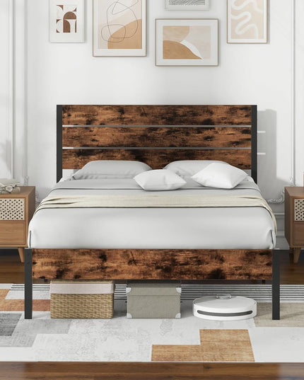 Giantex Metal Platform Bed Frame, Industrial Bed Frames with Wood Headboard