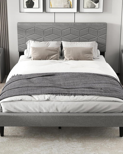 Lit plateforme moderne Giantex avec tête de lit géométrique en tissu de lin | Pas besoin de sommier tapissier