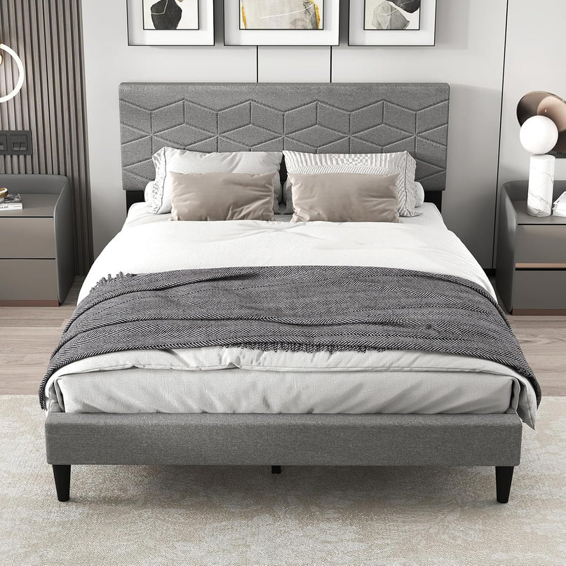 Giantex Modern Platform Bed with Linen Fabric Geometric Headboard | No Box Spring Needed