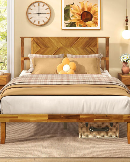 Lit plateforme Giantex Mid-Century Modern en bois d'acacia avec tête de lit et support à lattes en bois