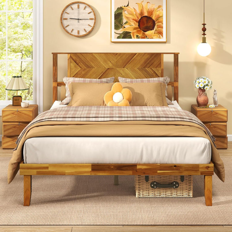 Giantex Mid-Century Modern Acacia Wood Platform Bed with Headboard & Wooden Slats Support