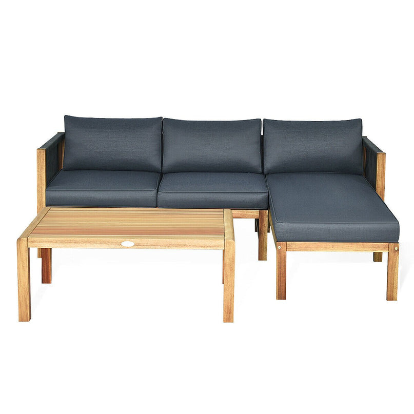 Giantex 3 Piece Outdoor Patio Furniture Set, Acacia Wood Sectional Sofa w/ Seat Cushions (Grey)