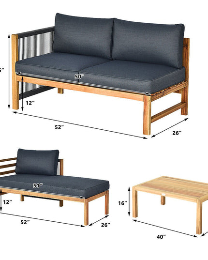 Giantex 3 Piece Outdoor Patio Furniture Set, Acacia Wood Sectional Sofa w/ Seat Cushions (Grey)