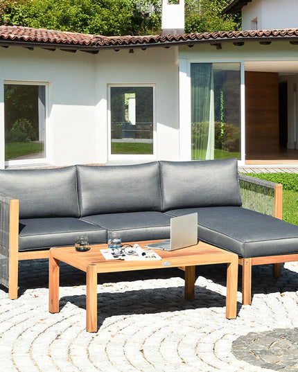 Giantex 3 Piece Outdoor Patio Furniture Set, Acacia Wood Sectional Sofa w/ Seat Cushions (Grey)