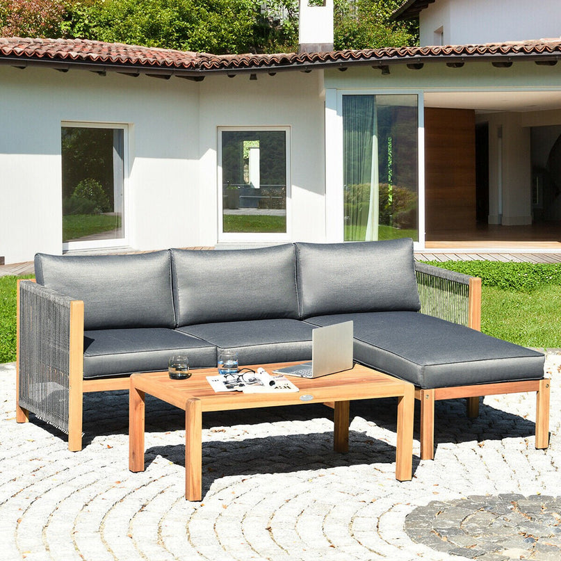 Giantex 3 Piece Outdoor Patio Furniture Set, Acacia Wood Sectional Sofa w/ Seat Cushions (Grey)