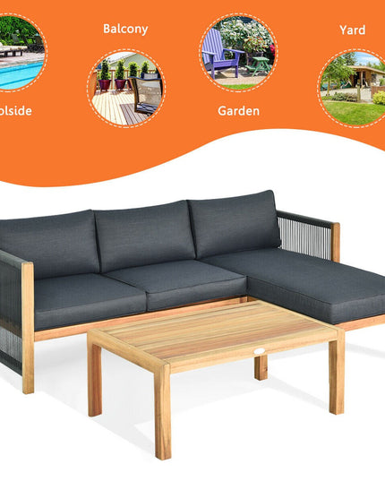 Giantex 3 Piece Outdoor Patio Furniture Set, Acacia Wood Sectional Sofa w/ Seat Cushions (Grey)