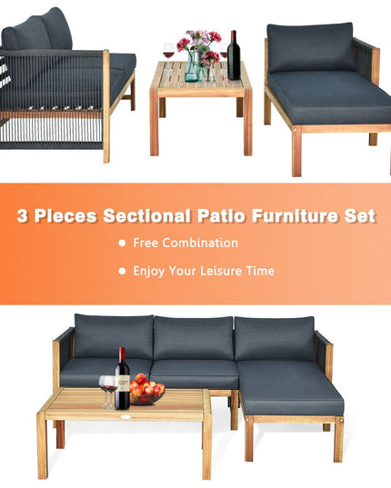 Giantex 3 Piece Outdoor Patio Furniture Set, Acacia Wood Sectional Sofa w/ Seat Cushions (Grey)