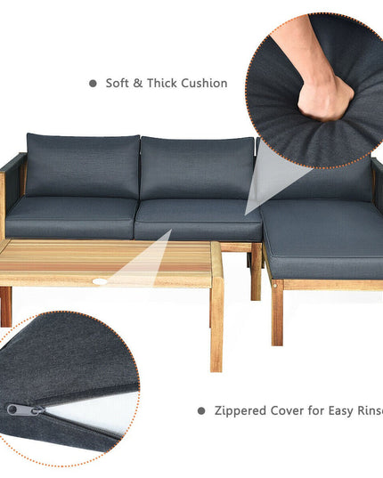 Giantex 3 Piece Outdoor Patio Furniture Set, Acacia Wood Sectional Sofa w/ Seat Cushions (Grey)