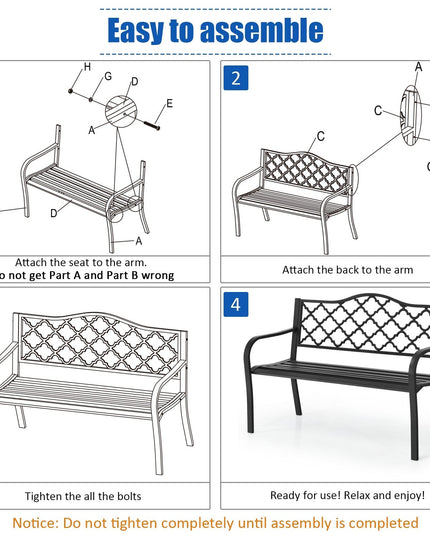 Giantex 50" Patio Garden Bench Loveseats Park Yard Furniture (Black Style 1)