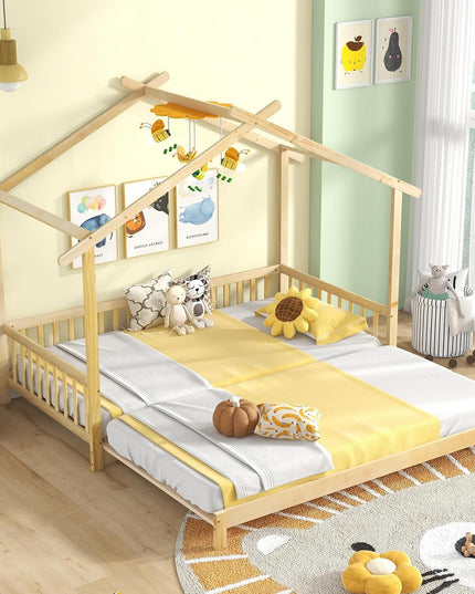 Giantex Extendable House Bed for Kids, Twin to King Daybed with Roof & Fence Rails, Wood Kids Bed Frame for Teens