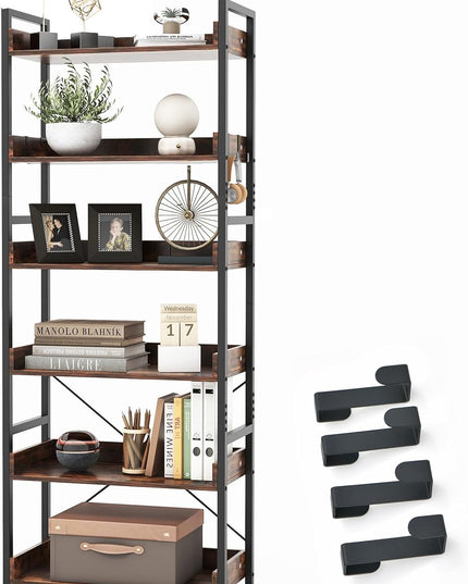 Giantex Industrial 6-Tier Bookshelf, 70" Tall Freestanding Storage Display Shelf with 4 Hooks